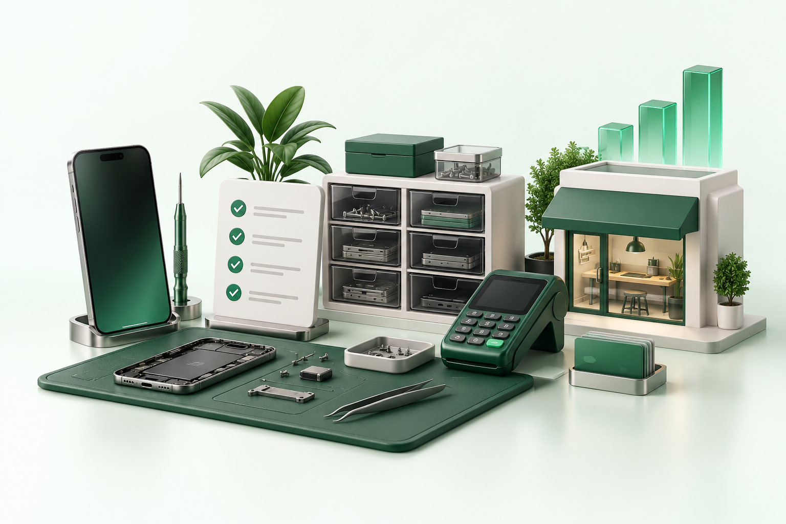 Premium illustration connecting phone repair, organized spare parts, payments and a repair shop
